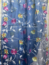 Blue With Multicolour Allover Floral Handwoven Jamdani Saree In Muslin Silk