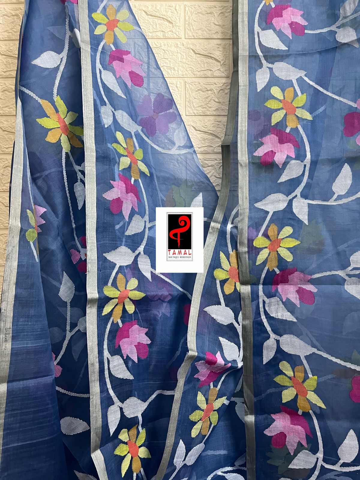 Blue With Multicolour Allover Floral Handwoven Jamdani Saree In Muslin Silk