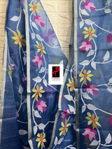 মসলিন সিল্কে মাল্টিকালার অলওভার ফ্লোরাল হাতে বোনা জামদানি শাড়ির সঙ্গে নীল 