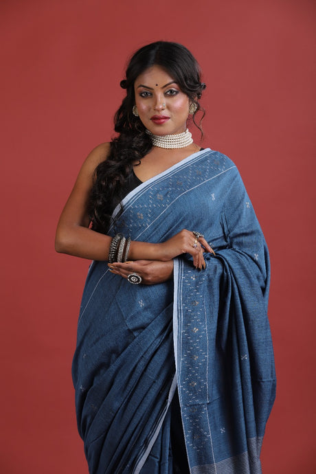 Blue colour cotton handwoven jamdani saree - Tamal Boutique