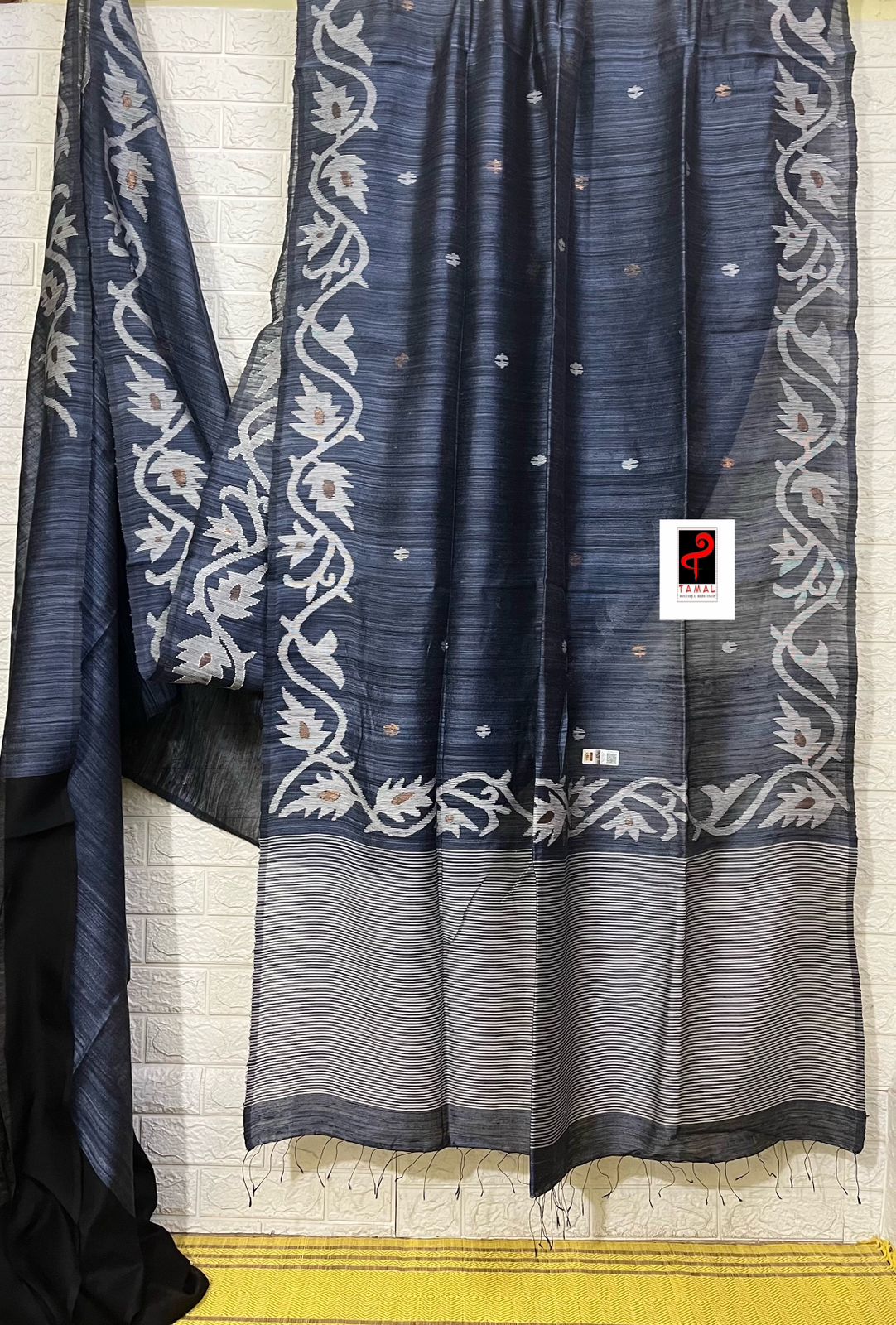 Blueish black  alpona motifs handwoven jamdani saree in matka silk