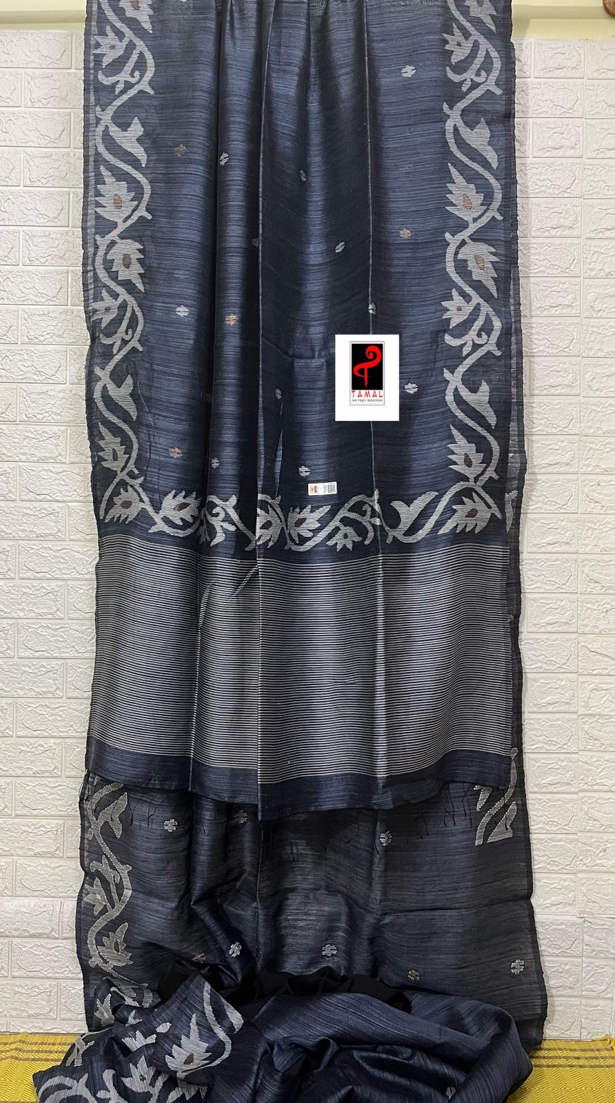 Blueish black  alpona motifs handwoven jamdani saree in matka silk