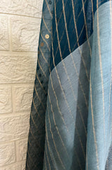 Blueish grey pure muslin organza silk sequins handwoven saree