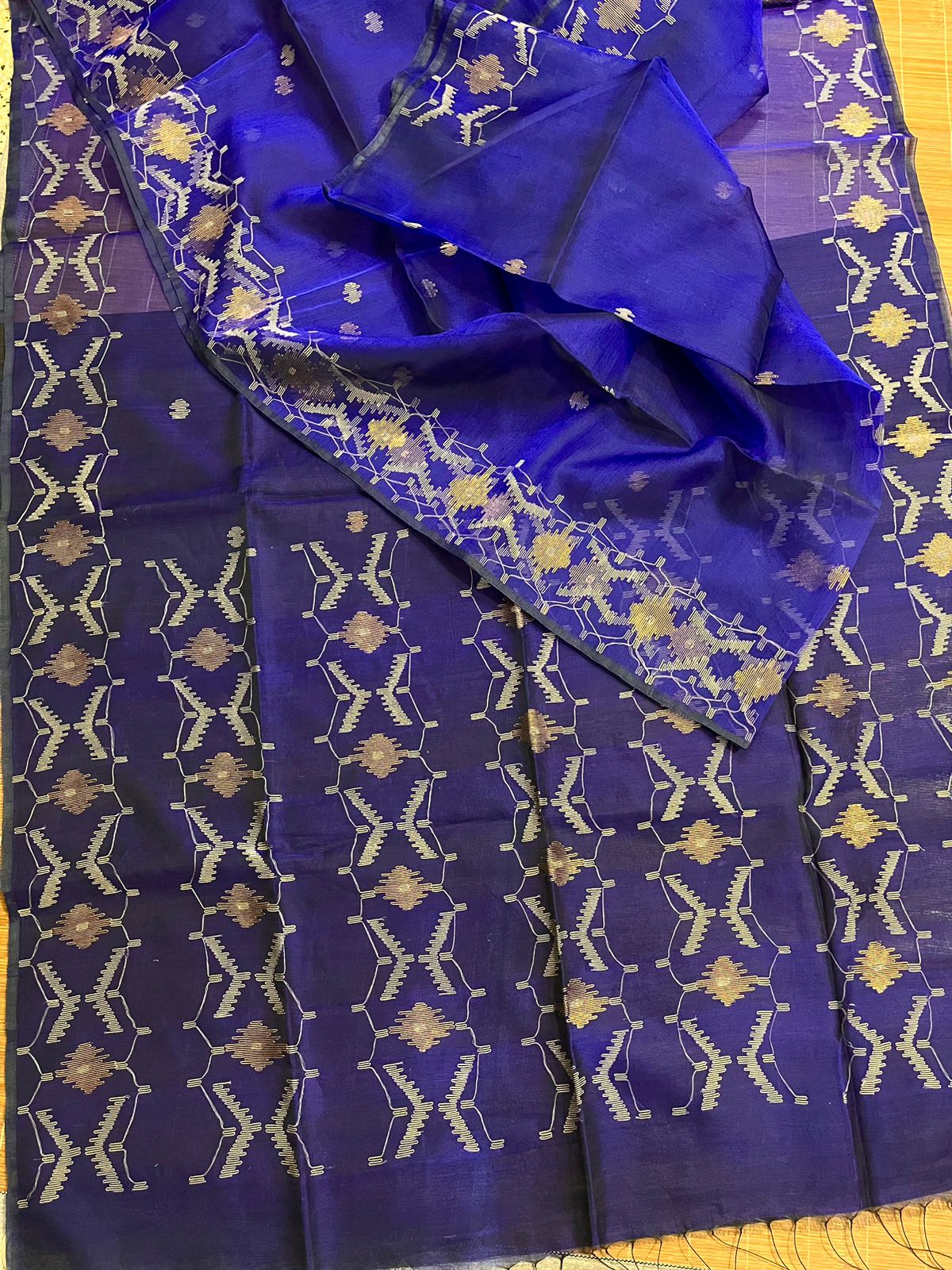 Blue with golden border Organza silk handwoven jamdani saree
