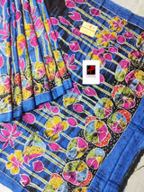 Blue with multi colour lotus hand batik silk saree