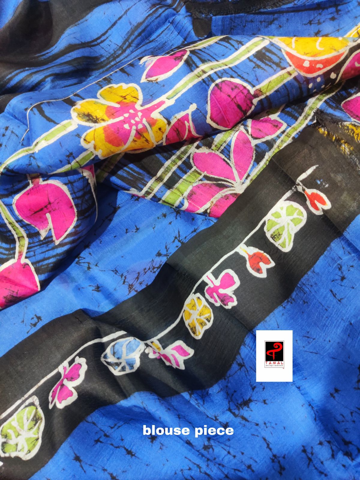 Blue with multi colour lotus hand batik silk saree