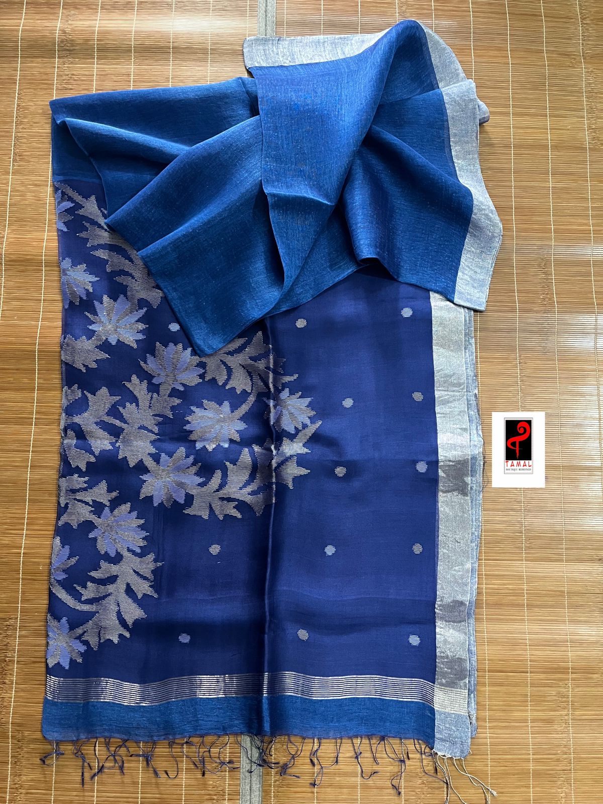 Blue with silver zari border silk linen handwoven jamdani saree