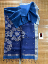 নীলের সাথে সিলভার জরি পাড় সিল্ক লিনেন হাতে বোনা জামদানি শাড়ি