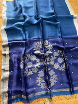 Blue with silver zari border silk linen handwoven jamdani saree - Tamal Boutique