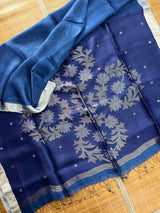 Blue with silver zari border silk linen handwoven jamdani saree