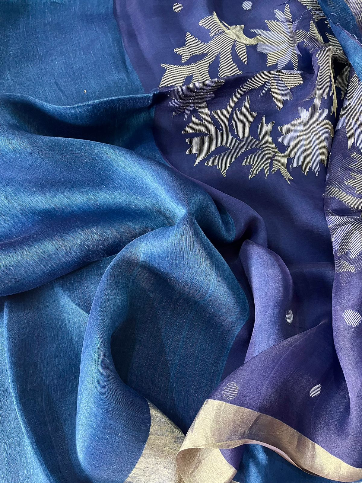 Blue with silver zari border silk linen handwoven jamdani saree