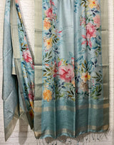 Light Blue with zari border tusser cotton floral hand painted zari check saree