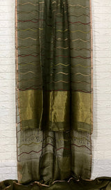 Bottle Green Half Silk Half Linen Handwoven Jamdani Saree