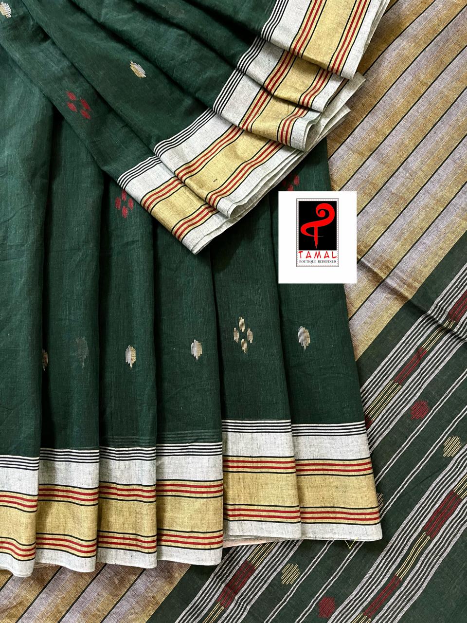 Bottle green with master yellow handloom fulia cotton saree