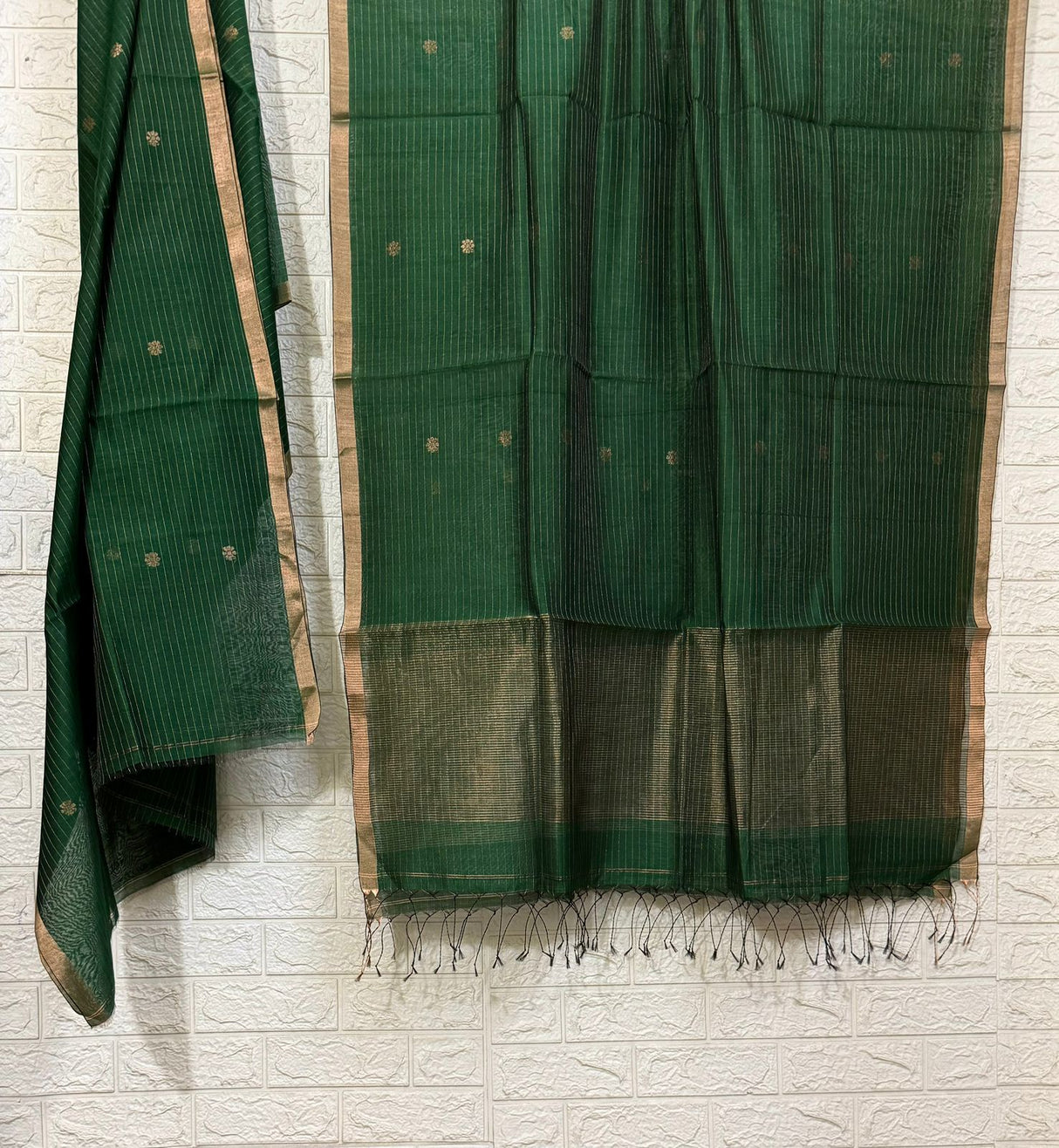 Bottle green with zari border silk cotton handwoven jamdani kurti & dupatta set - Tamal Boutique