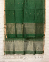 Bottle green with zari border silk cotton handwoven jamdani kurti & dupatta set - Tamal Boutique