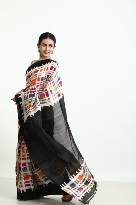 Black with multicolour boxed handcrafted batik silk saree - Tamal Boutique