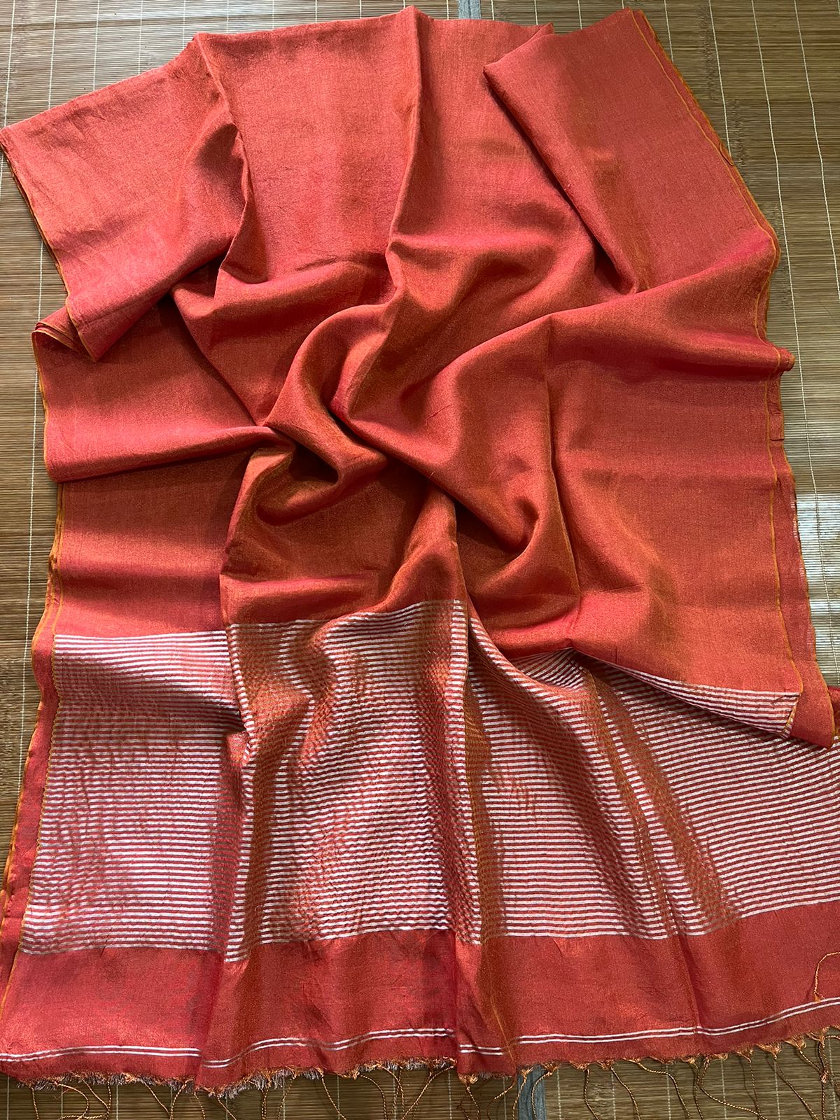 Brick red metallic linen handloom saree