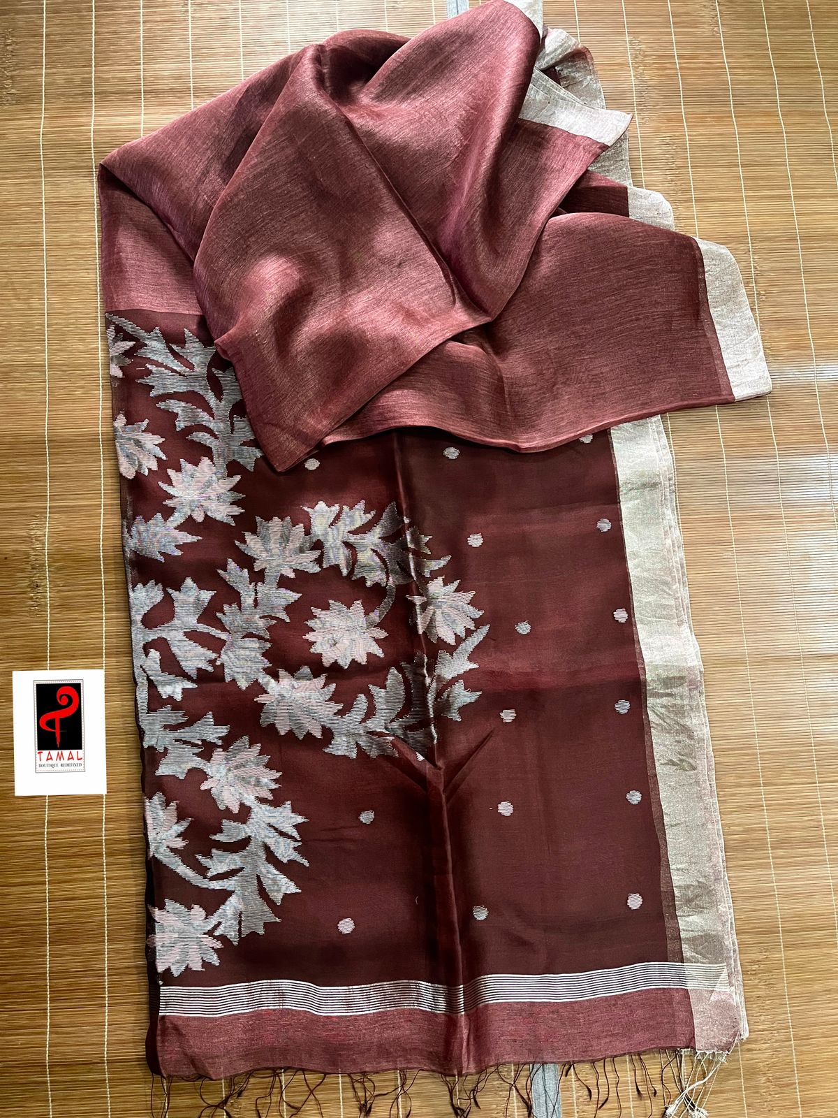 Brown with silver zari border silk linen handwoven jamdani saree