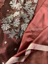 Brown with silver zari border silk linen handwoven jamdani saree