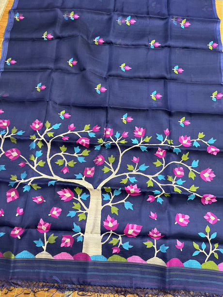 Indigo with tree pallu muslin silk handwoven jamdani saree