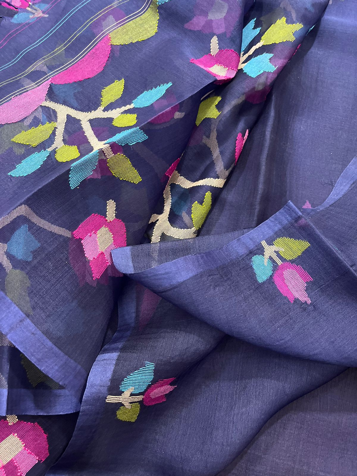 Indigo with tree pallu muslin silk handwoven jamdani saree - Tamal Boutique