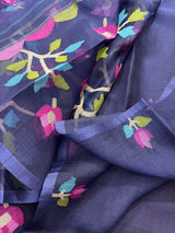 Indigo with tree pallu muslin silk handwoven jamdani saree