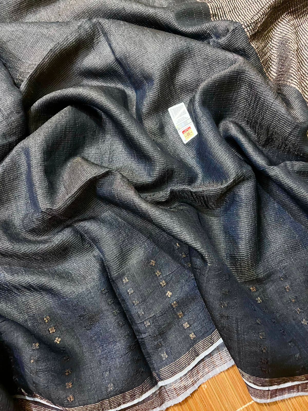 Charcoal Black noil tussar zari silk handloom border sequins Saree