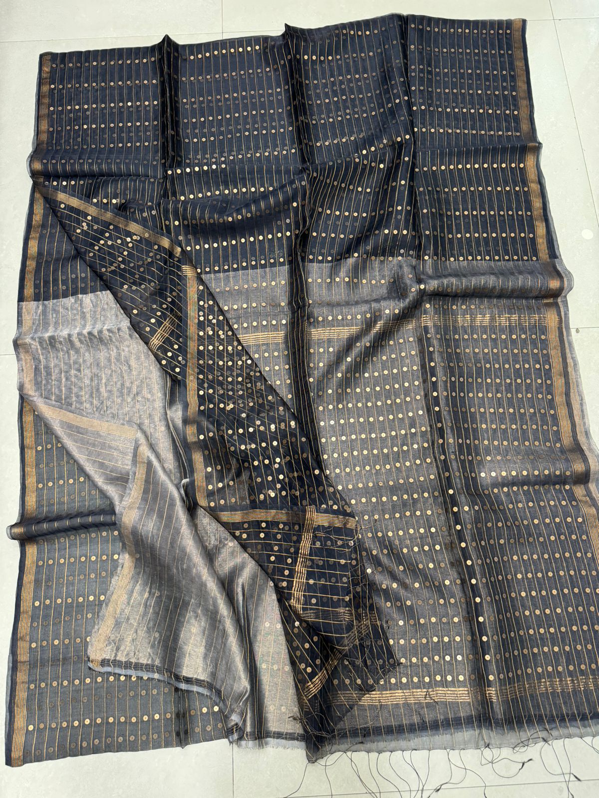 Charcoal black with zari border sequins handwoven saree