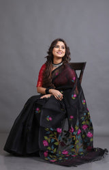 Black With Multi Colour Muslin Silk Handwoven Jamdani Saree