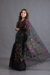 Black With Multi Colour Muslin Silk Handwoven Jamdani Saree