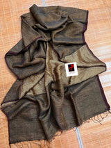 Chocolate Brown zari linen handloom saree - Tamal Boutique