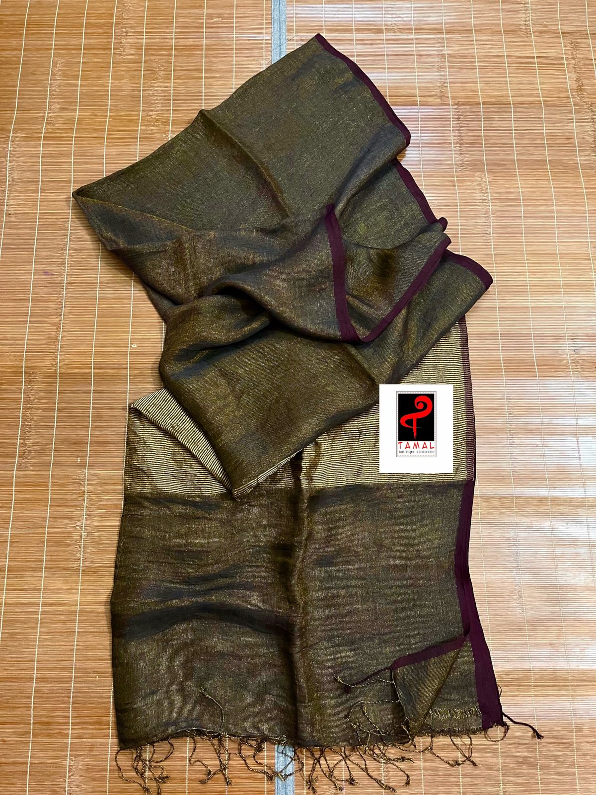 Chocolate Brown zari linen handloom saree