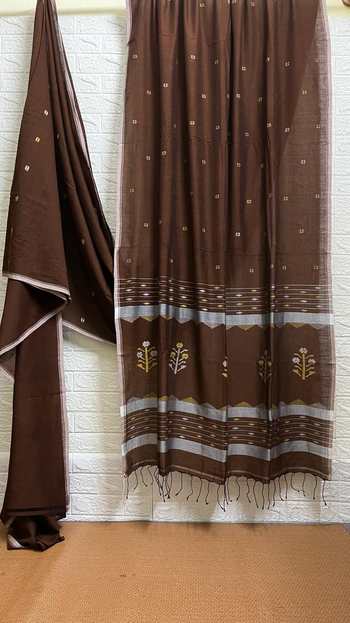 Chocolate brown floral pallu cotton handwoven jamdani saree