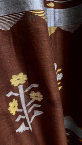 চকোলেট ব্রাউন ফ্লোরাল পল্লু সুতির হাতে বোনা জামদানি শাড়ি