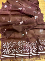 Chocolate brown rose motifs muslin silk handwoven jamdani saree