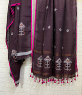 Chocolate brown with Rani border pure linen handwoven jamdani kurti & dupatta set