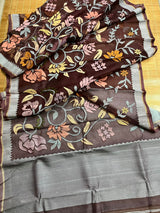 Chocolate brown with multi colour muslin silk allover floral with temple border  handwoven jamdani saree