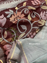Chocolate brown with multi colour muslin silk allover floral with temple border  handwoven jamdani saree
