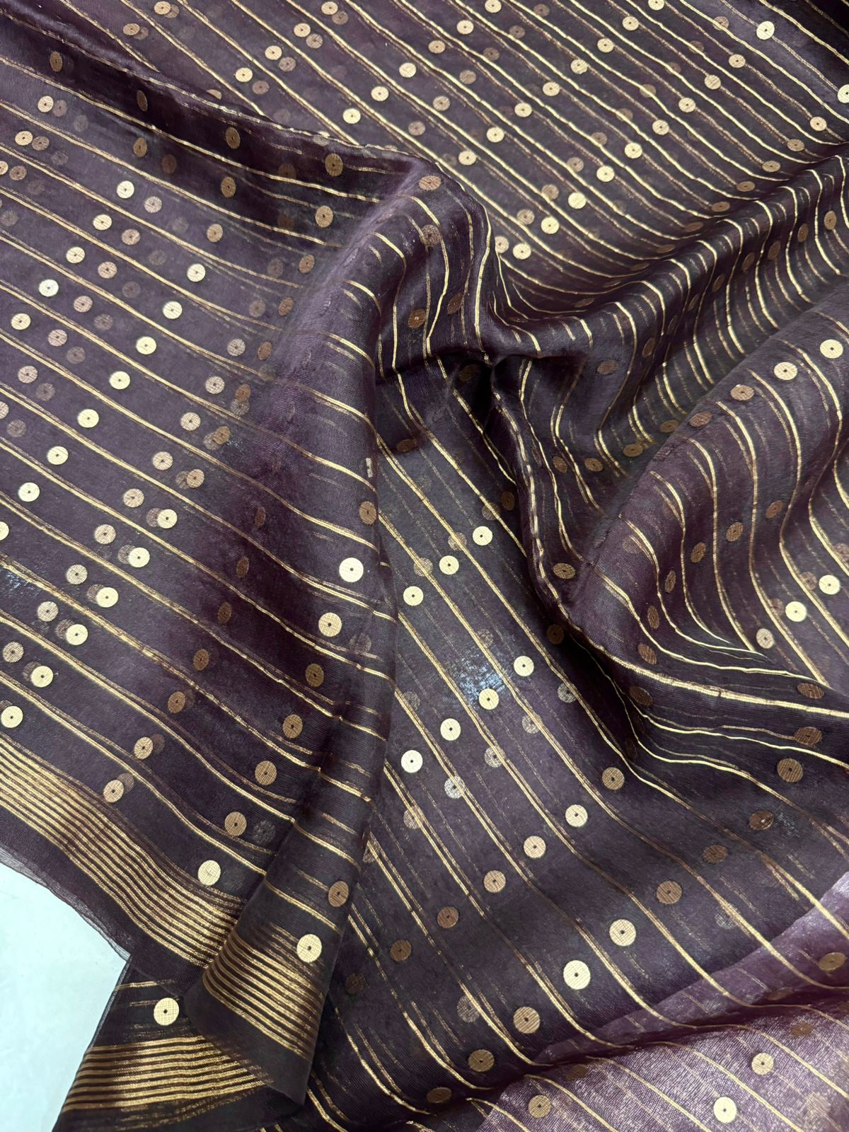 Chocolate brown with zari border sequins handwoven saree