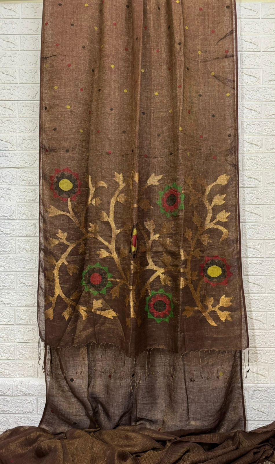 Chocolate Brown zari linen handwoven jamdani saree