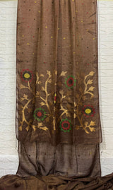 Chocolate Brown zari linen handwoven jamdani saree - Tamal Boutique