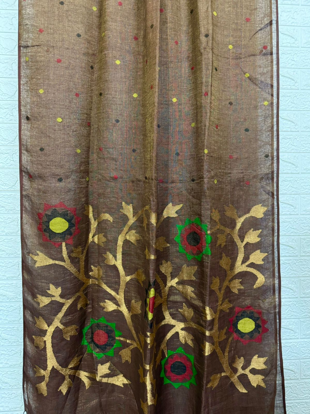 Chocolate Brown zari linen handwoven jamdani saree - Tamal Boutique