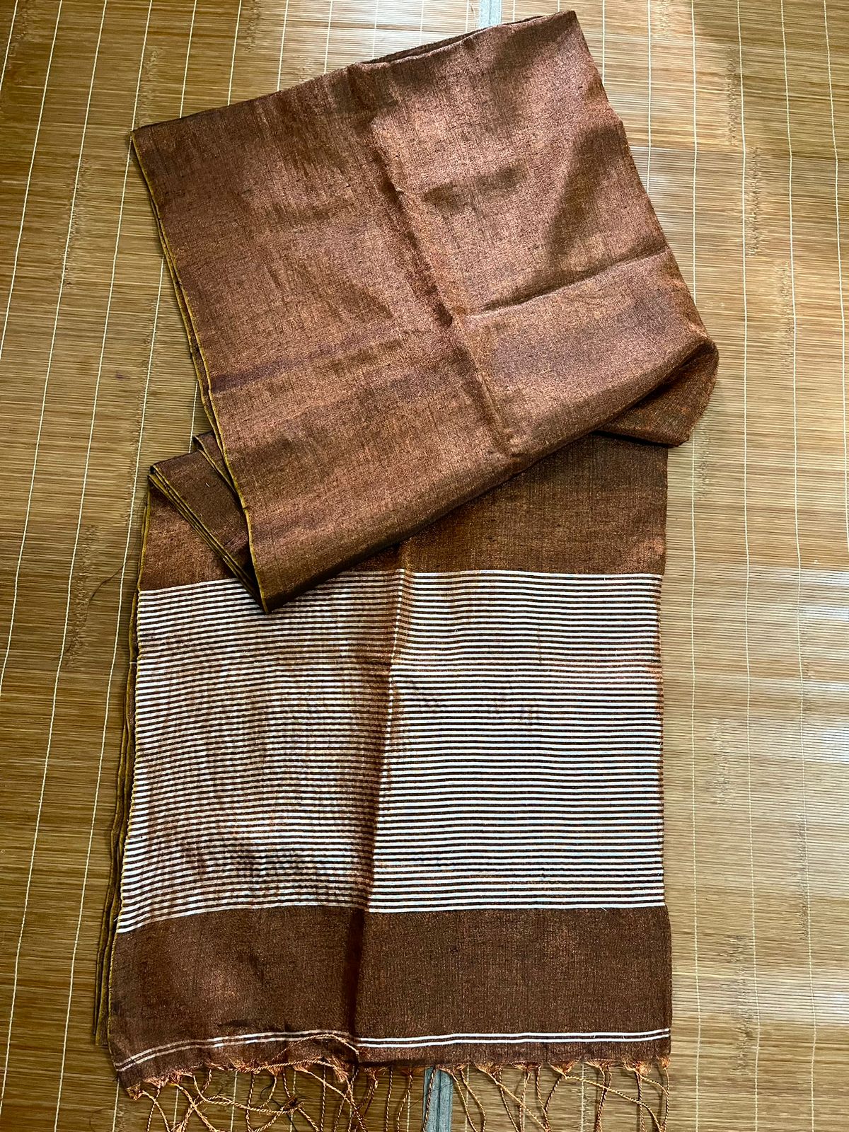 Copper brown metallic tissue linen handloom saree