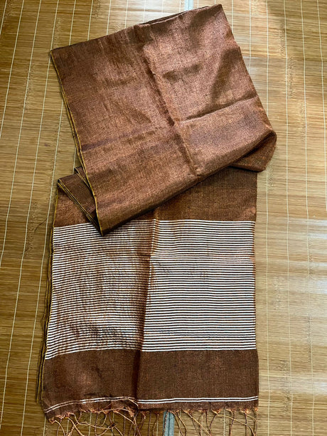 Copper brown metallic tissue linen handloom saree - Tamal Boutique