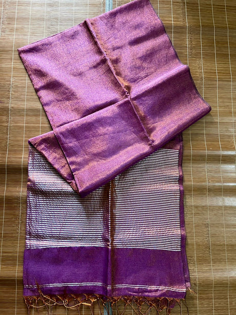 Copper purple metallic tissue linen handloom saree - Tamal Boutique