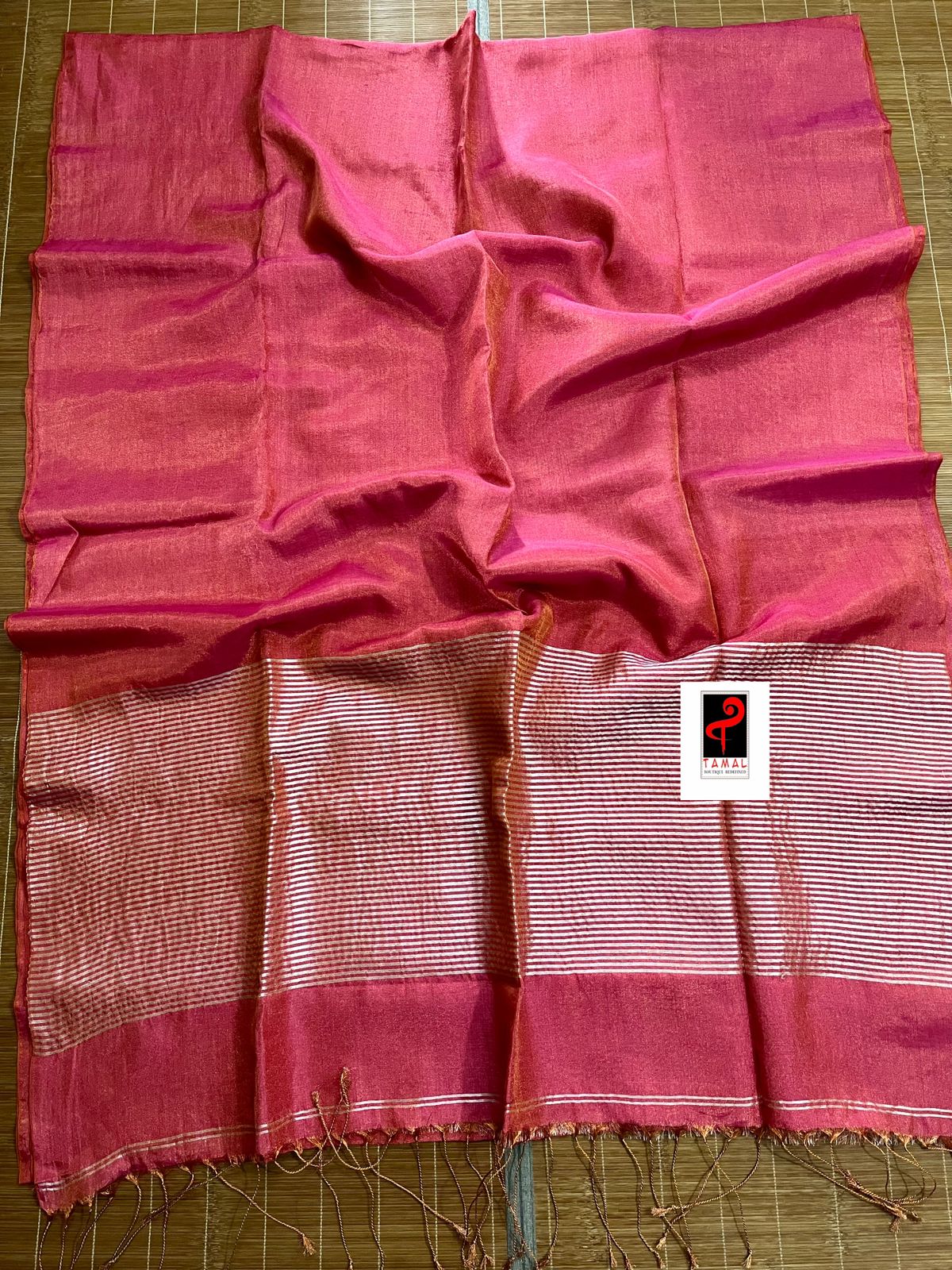 Copper rose pink metallic tissue linen handloom saree