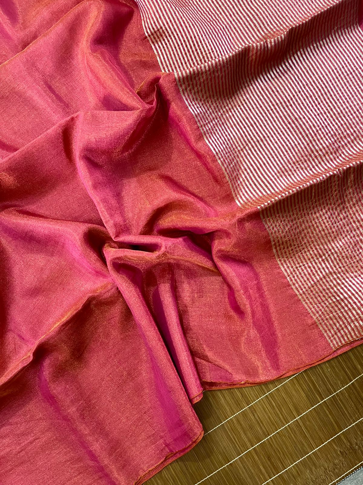 Copper rose pink metallic tissue linen handloom saree