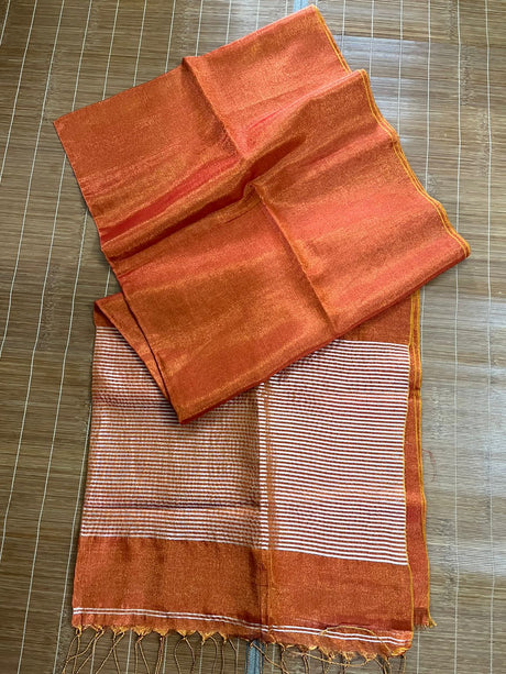 Copper rust metallic tissue linen handloom saree - Tamal Boutique