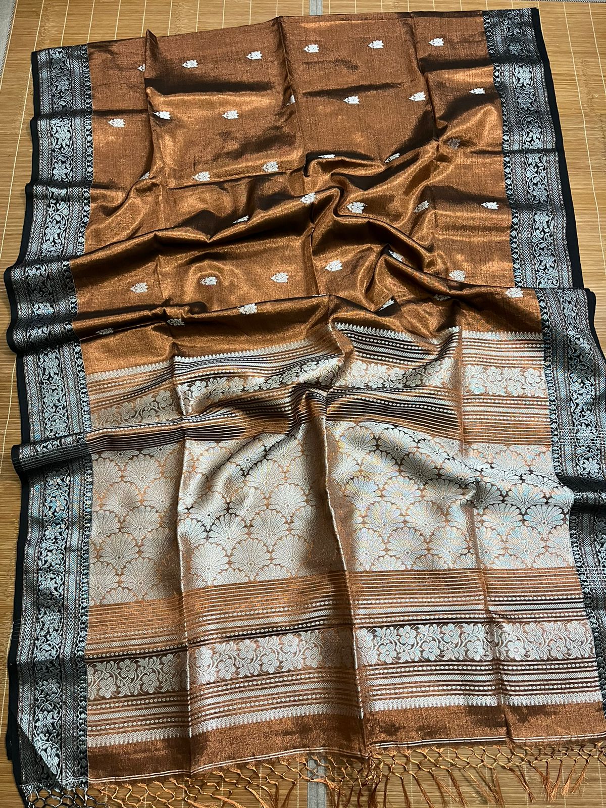Copper with black border tissue handloom Banarasi saree